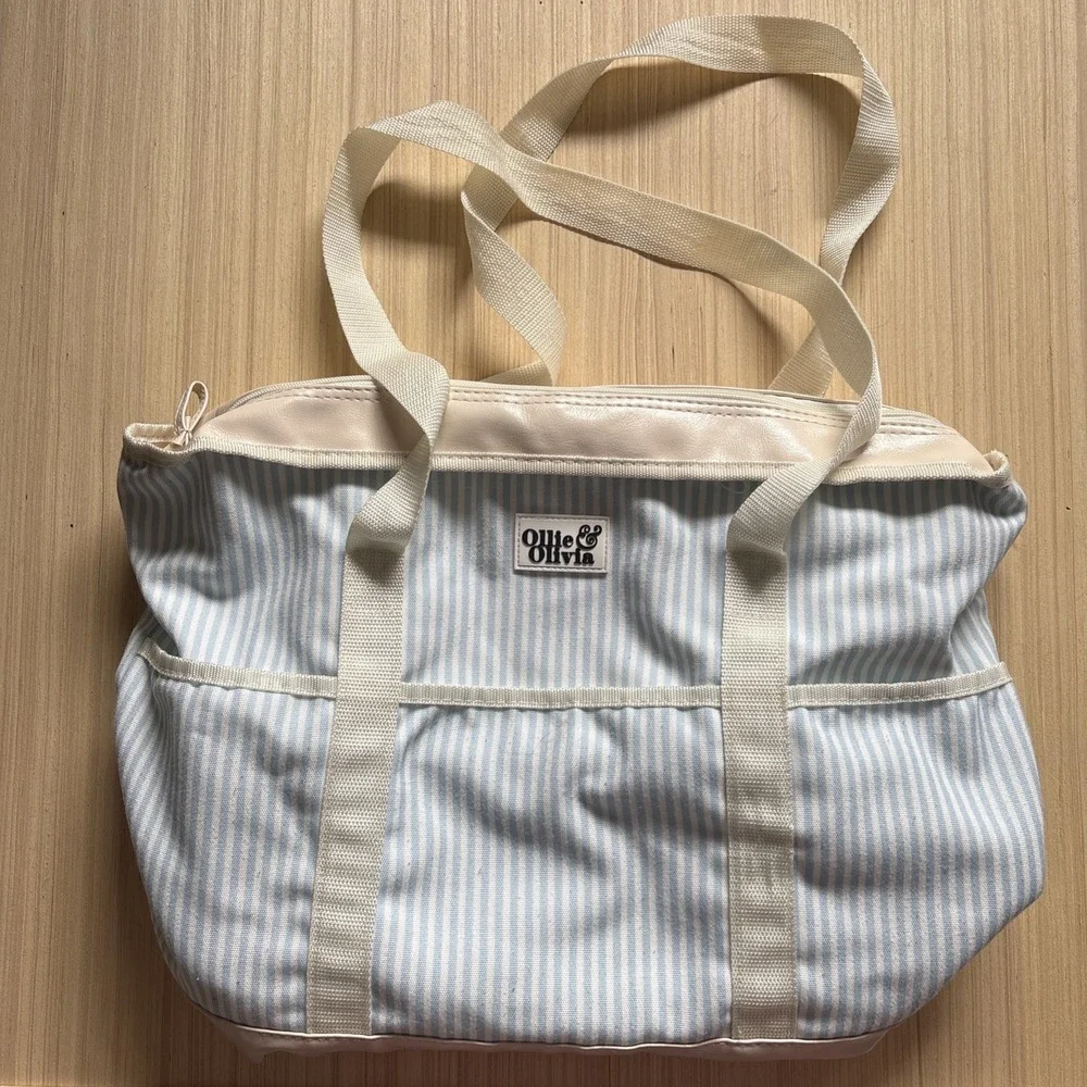 Ollie and Olivia: Travel/beach Cooler Bag| Striped | Zipper | Blue & Ivory